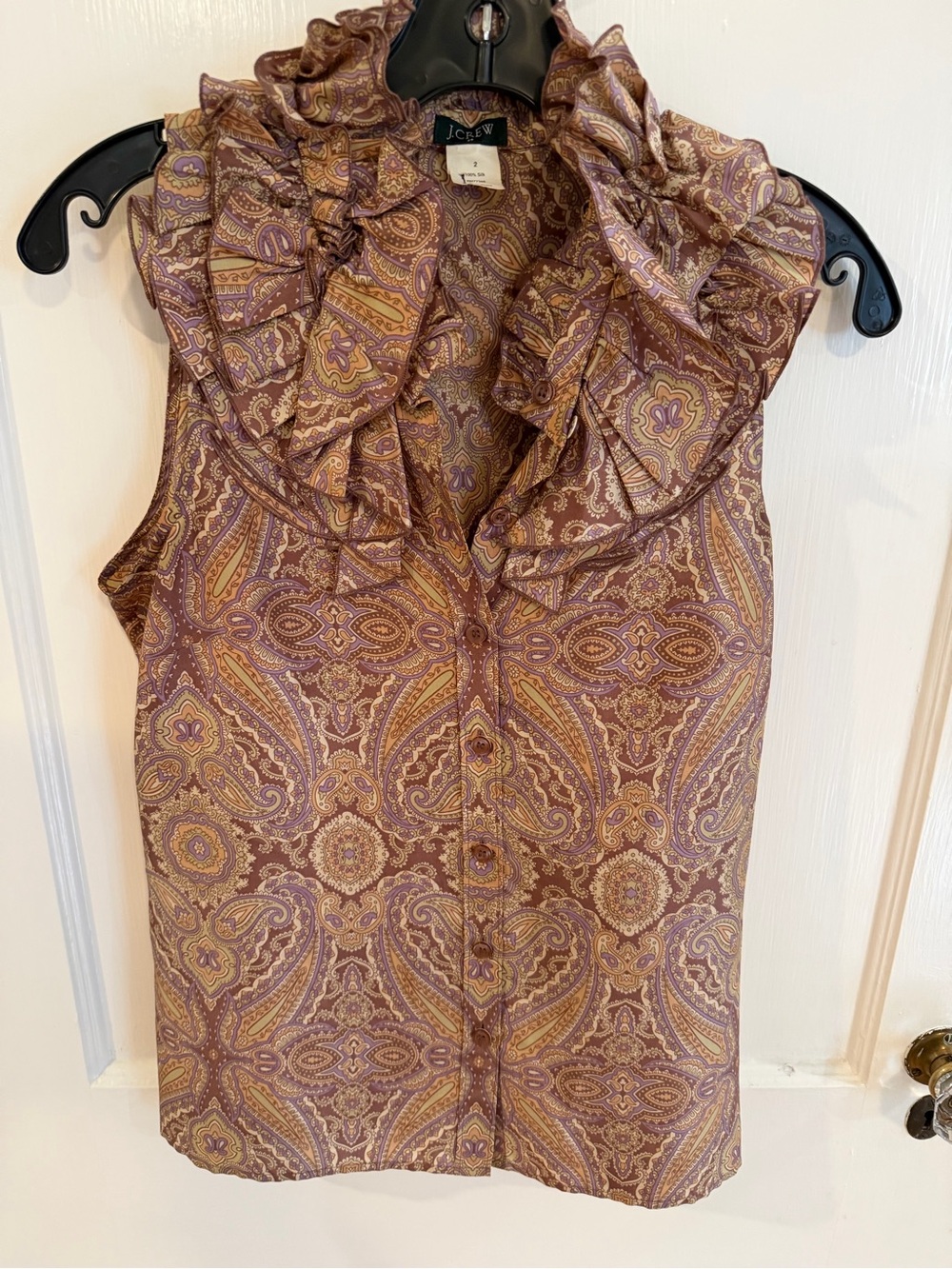 J. Crew Sleeveless Ruffle Paisley Silk Blouse